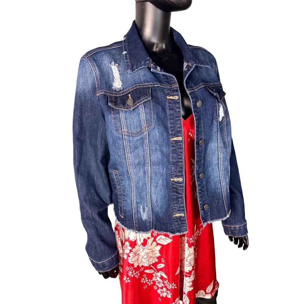 Lovesick Distressed Denim Jacket Cropped Blue Jean Jacket Raw Hem Juniors 1